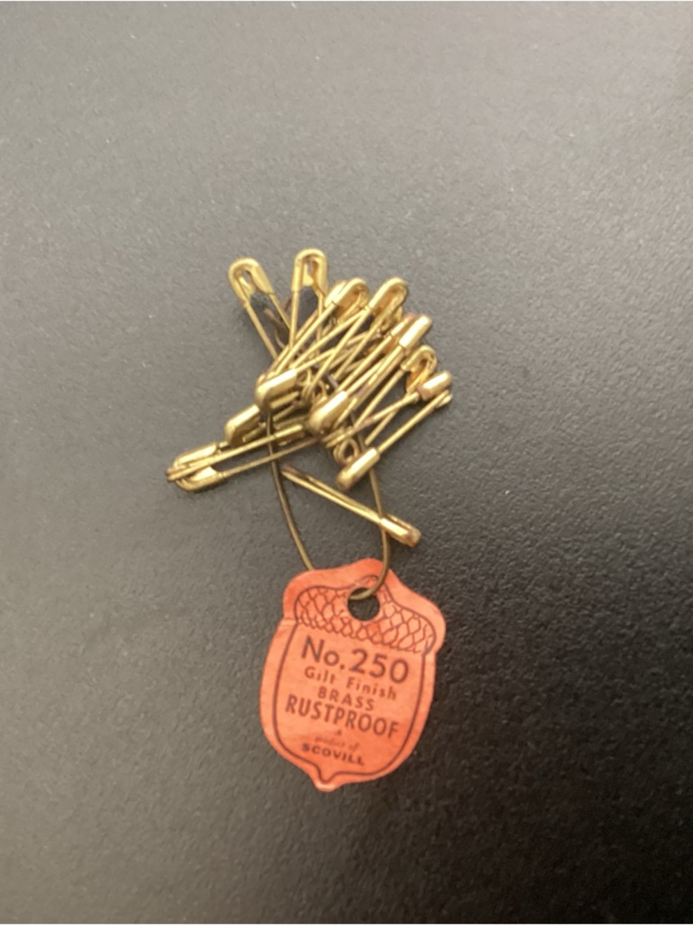 Vintage Acorn Gold Plated No. 205 Safety Pins with unique acorn shaped tag.